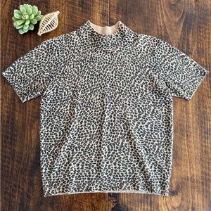 Nina Leonard | Wool Blend Short Sleeve Mock Neck Leopard Print Sweater, S/8